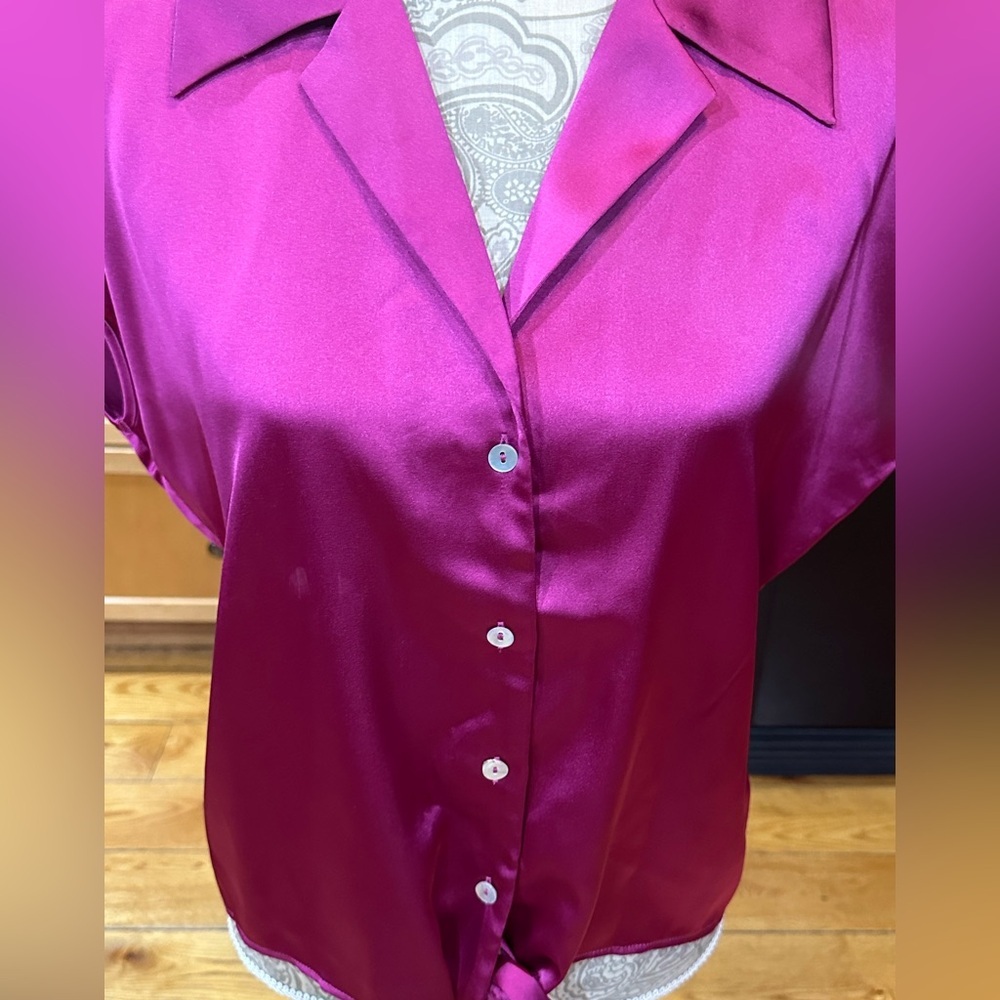 Rachel Zoe Satin Tie-Front Button Blouse Fuchsia Pink M PLEASE READ DESCRIPTION - Picture 3 of 7